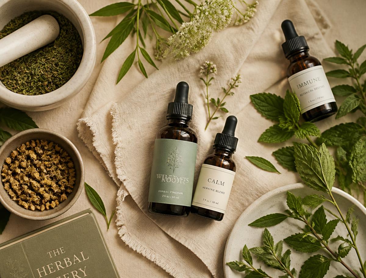 Herbal tinctures, dried flowers and fresh green herbs on cream linen
