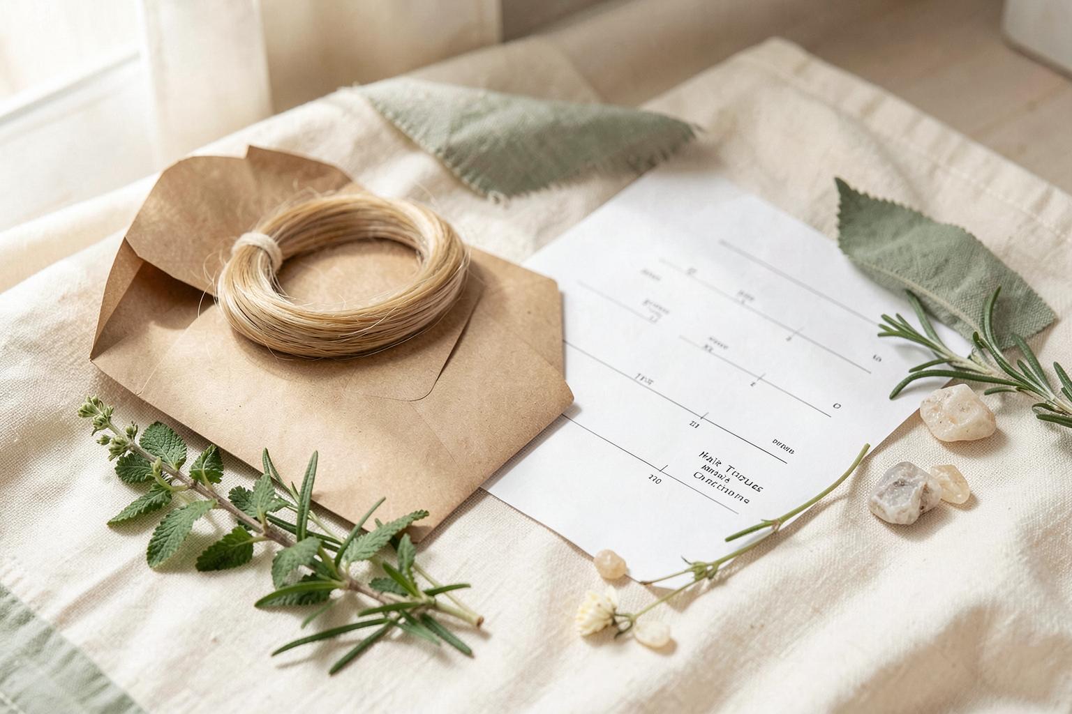 Hair sample, mineral report, herbs and natural mineral stones arranged on cream linen