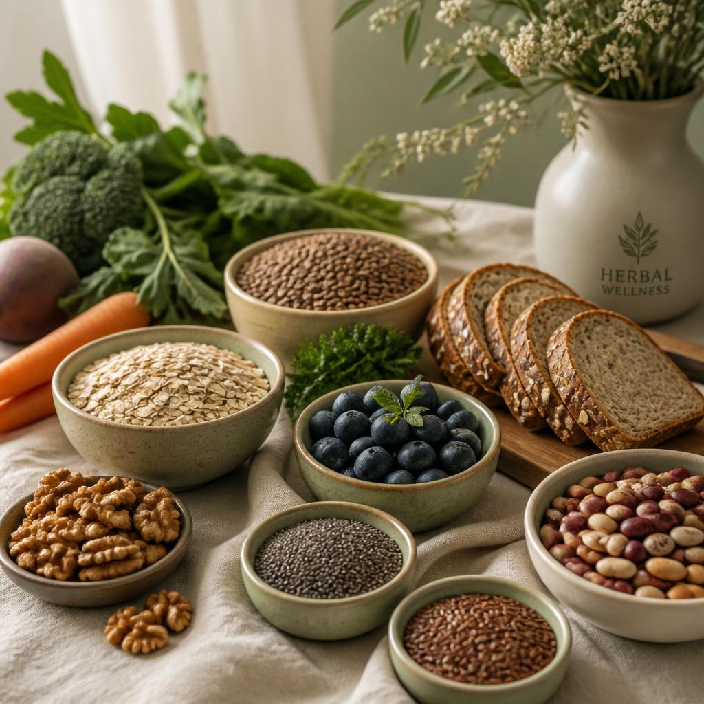 A warm still-life of fibre-rich whole foods: oats, lentils, beans, berries, chia seeds, flax seeds, walnuts, whole grain bread, and fresh vegetables arranged on cream linen