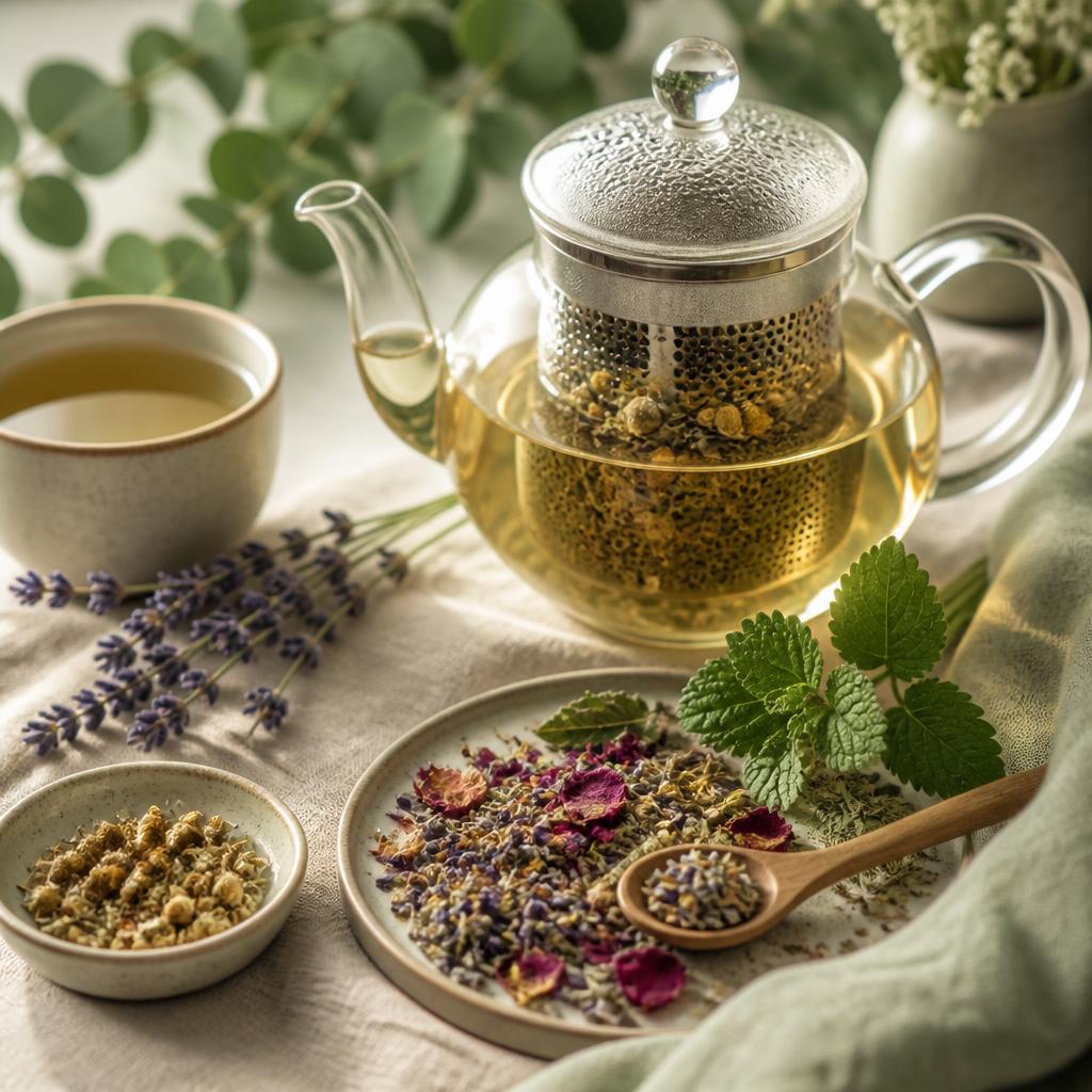 A glass teapot with a tea infuser steeping loose-leaf herbs, surrounded by dried botanicals on cream linen