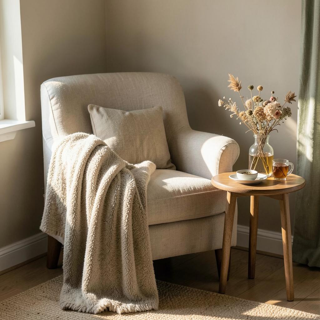 A linen armchair with a soft throw beside a small table with herbal tea and dried flowers
