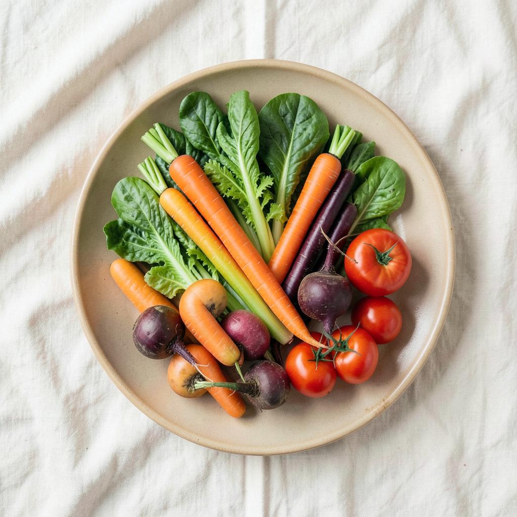 A colourful plate of fresh carrots, leafy greens, beets, and tomatoes on cream linen