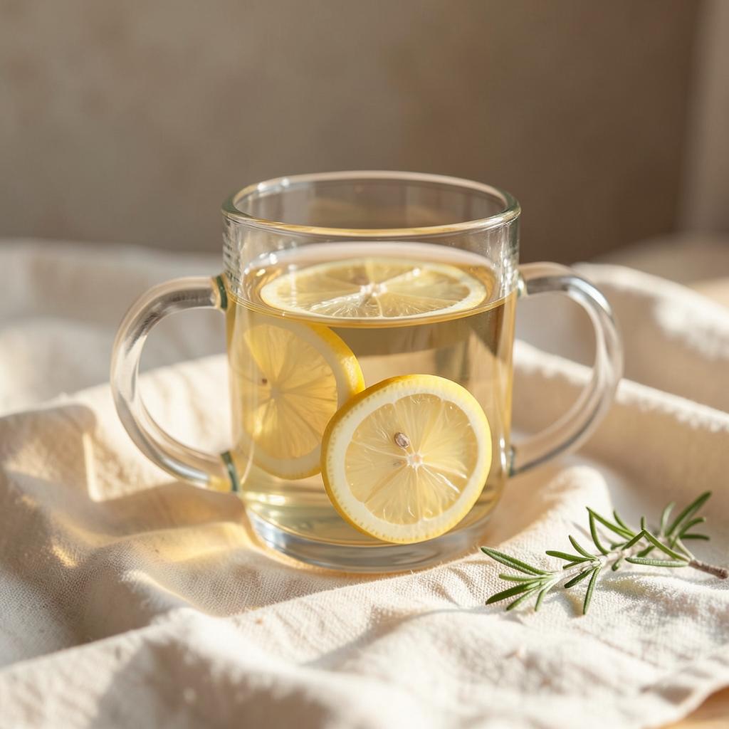 A glass mug of warm water with lemon slices on cream linen in soft morning light
